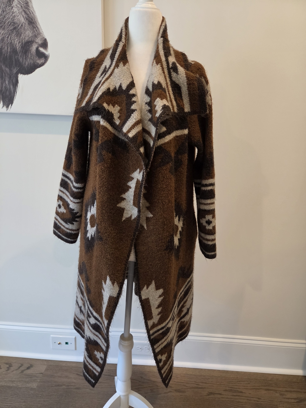 Max Studio Brown and Cream Patterned Open-Front Cardigan